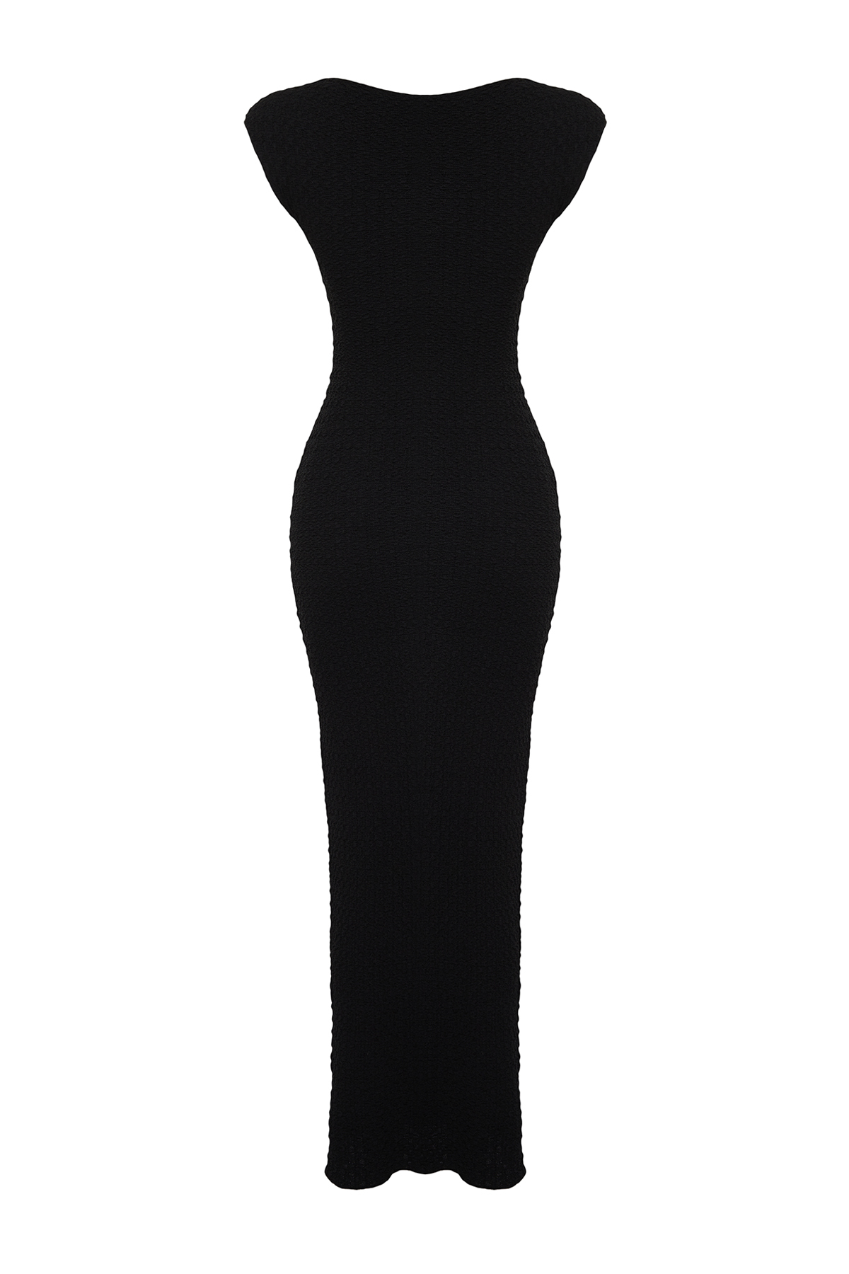 Trendyolmilla  Siyah Dokulu Kumaş Fitted/Vücuda Oturan Ay Kol Örme Esnek Midi Kalem Elbise TWOSS24EL00103 - Görsel 8