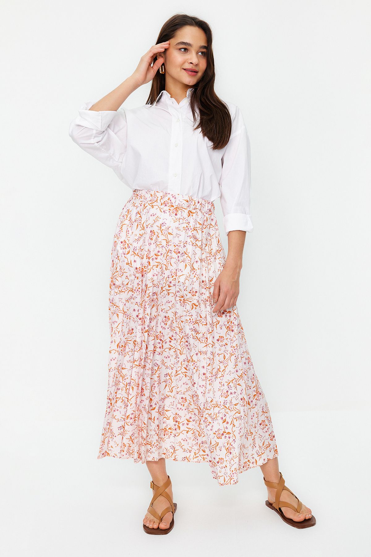 Trendyol Modest-Плісирована ткана спідниця з квітковим візерунком та еластичною талією TCTSS23EE00018 3