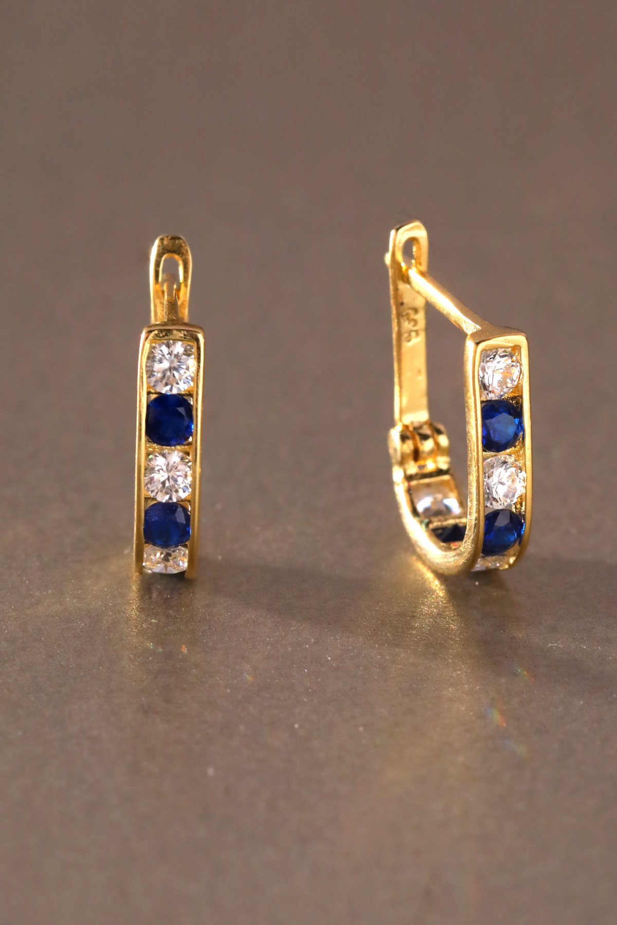 WOOW GOLD 14 Ayar Altın Küpe Mavi Taşlı J Küpe