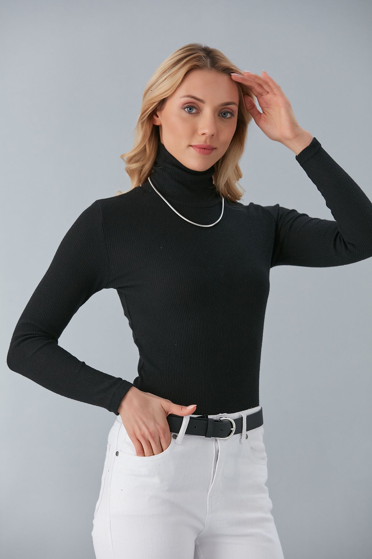 Cosy&Chic-Pulover cu gât înalt din bumbac negru 5