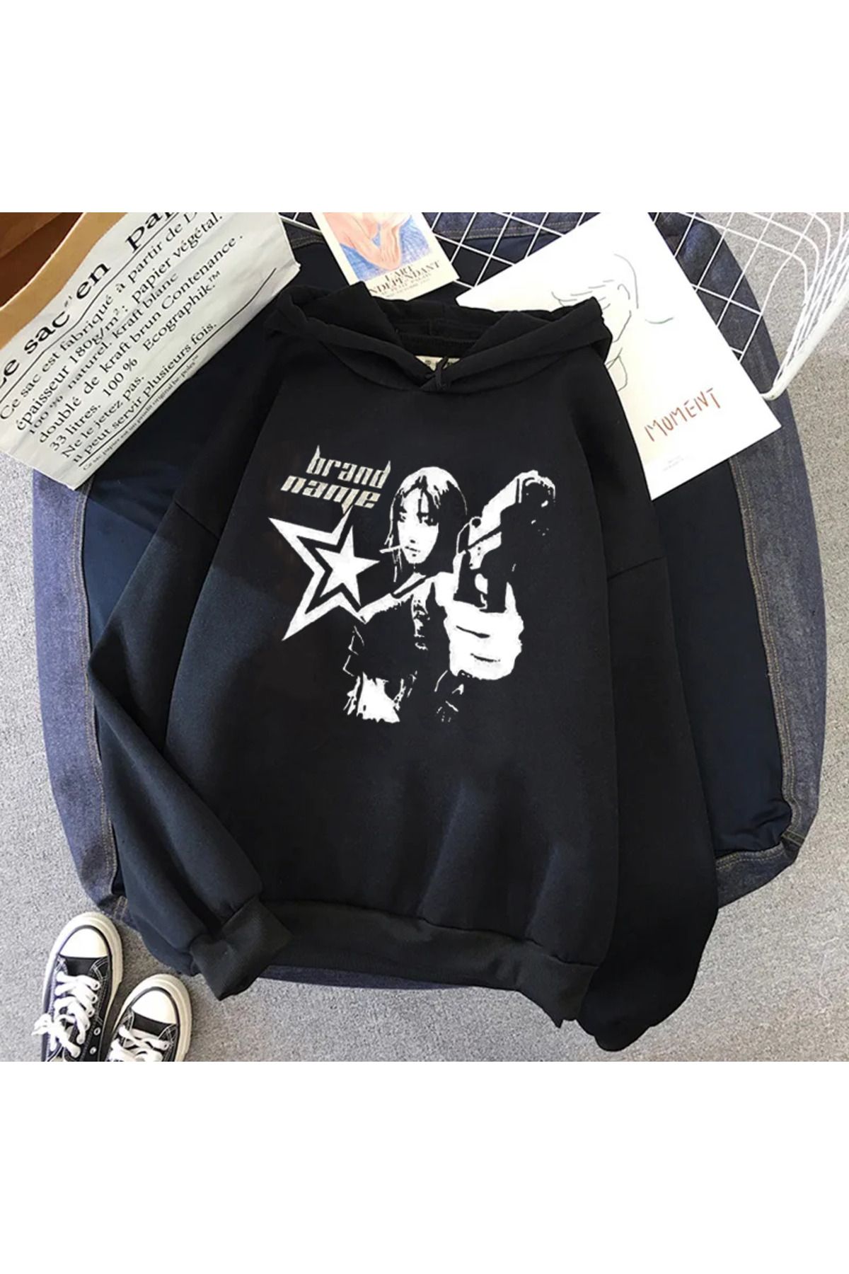 K stebek Black Retro Brand Name Hooded Sweatshirt Trendyol