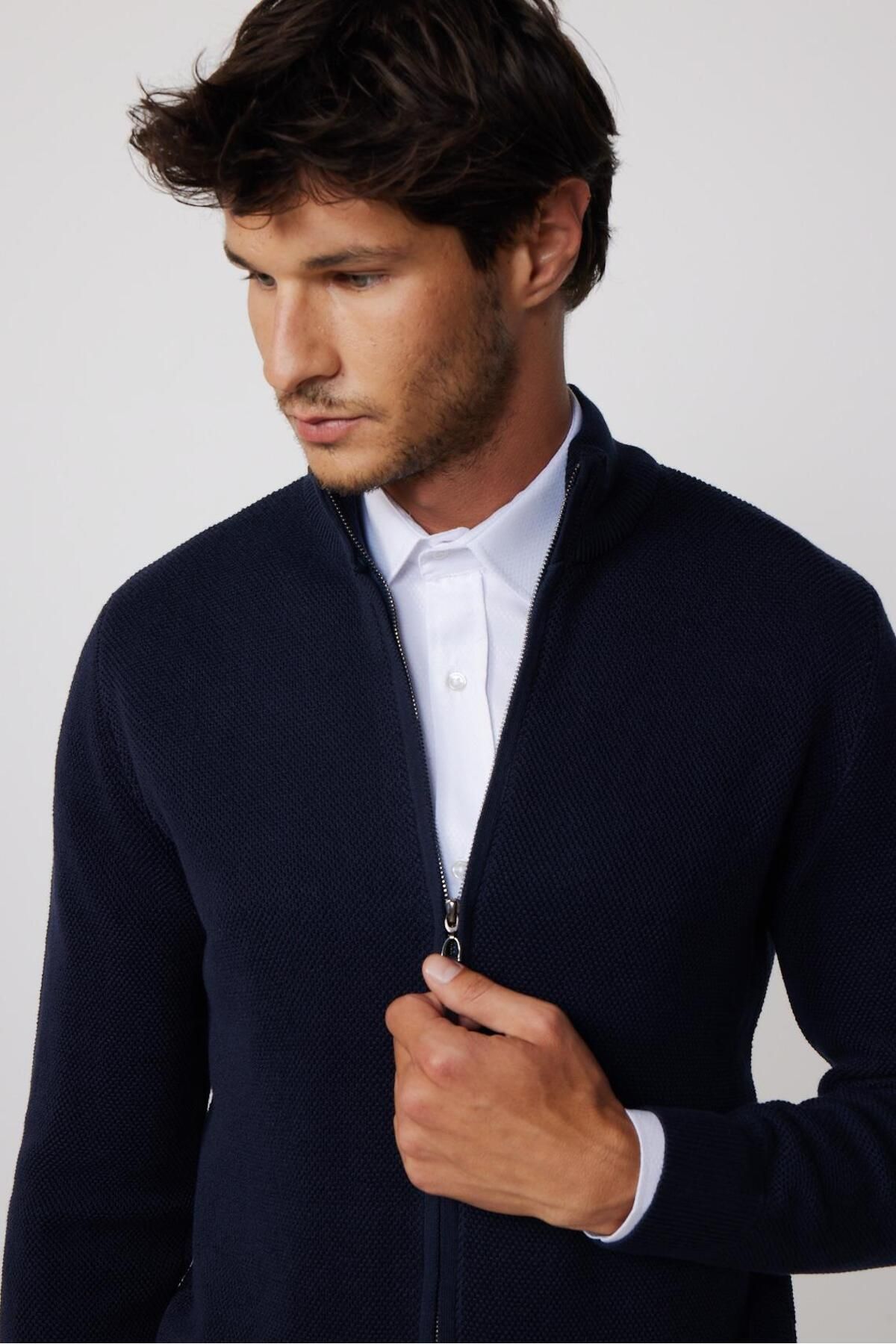 Tudors Men s Half Turtleneck Zippered Navy Blue Cardigan Trendyol
