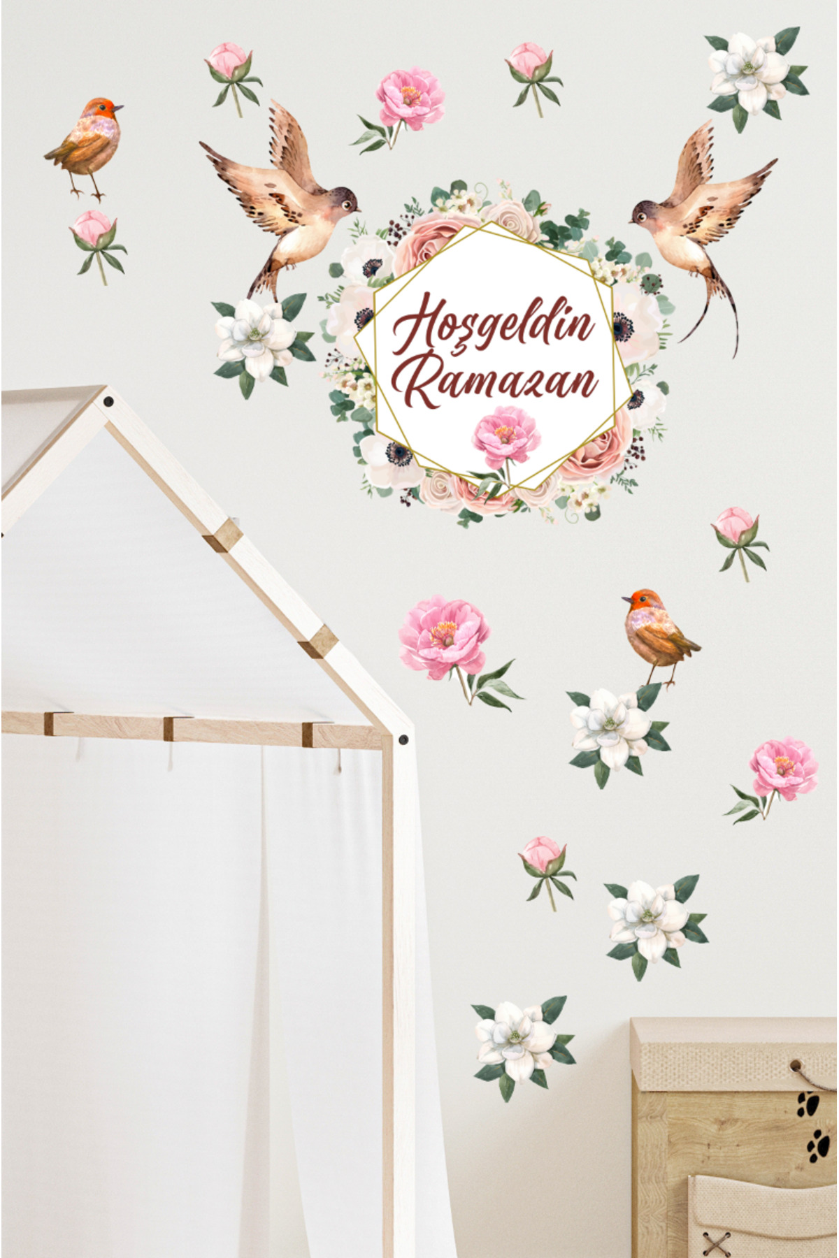 Welcome Ramadan Birds Flowers Decorative Glass Wall Sticker Set