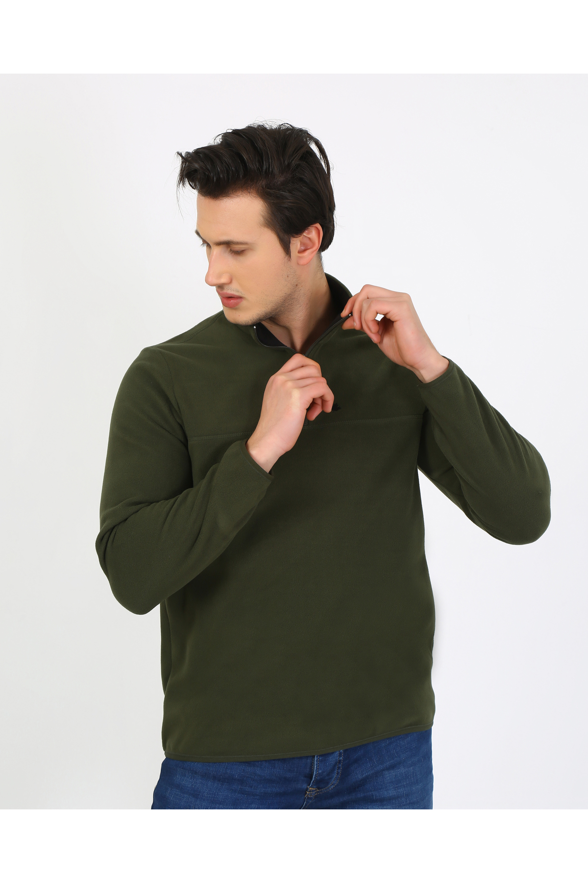 6001 Regular Fit Anti-Pilling Tüylenme Yapmayan Bato Yaka Kışlık Erkek Polar — خاکی — تصویر 5 از 8