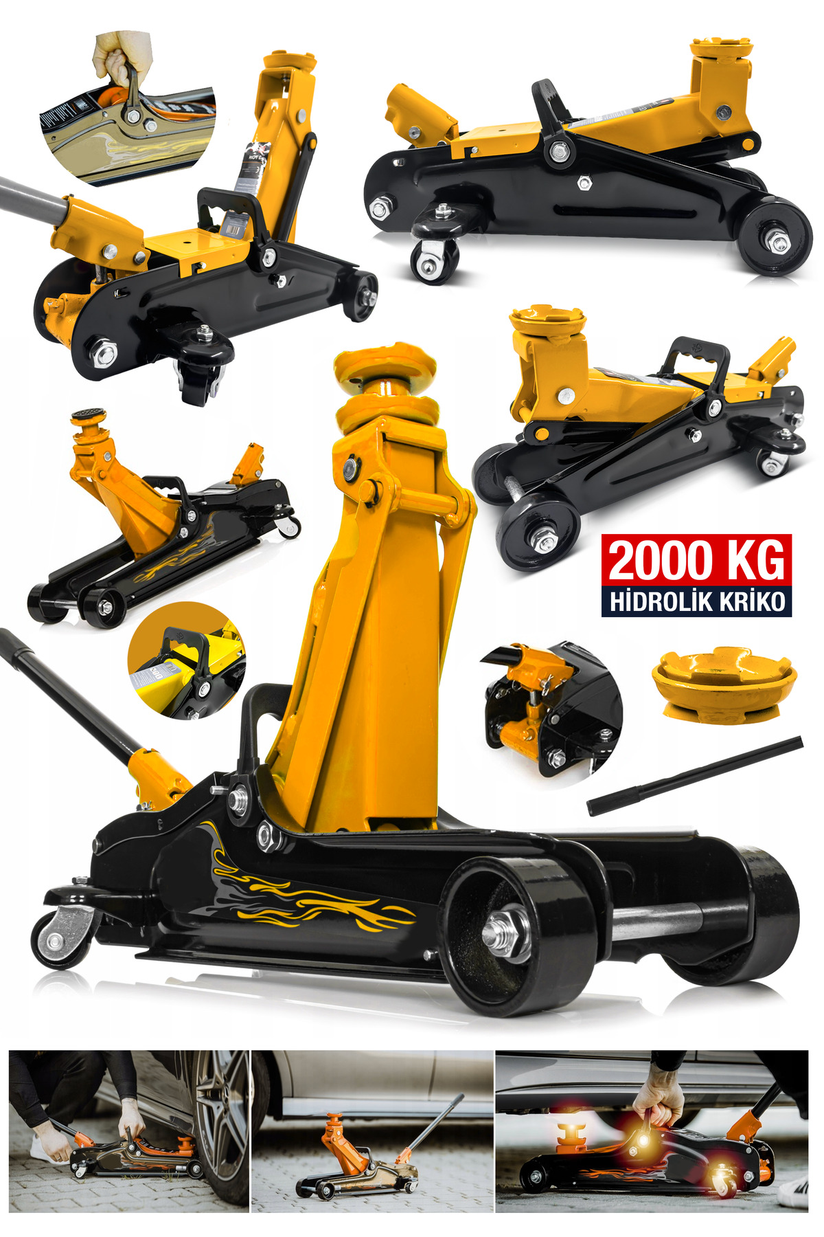 PROXTECH Ultra Series Profesyonel Metal Tekerlekli 2Ton/ 2000 KG Arabalı Hidrolik Kriko Araç Oto Kriko