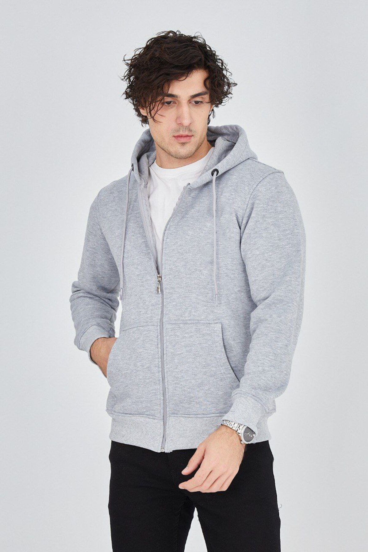 Unisex Düz Kapüşonlu Fermuarlı Kanguru Cepli 3 İplik Kumaş Tam Kalıp Hırka — خاکستری Dzmhm — تصویر 3 از 4