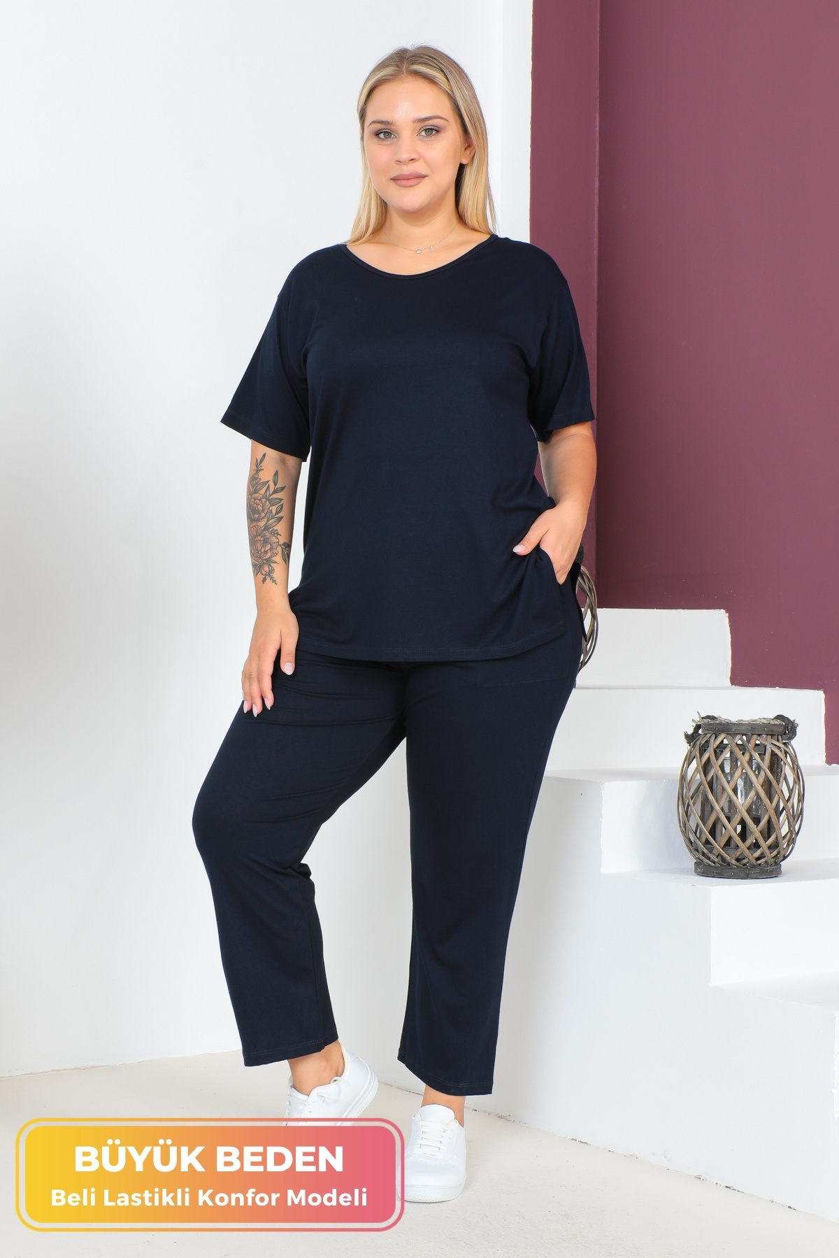 tarzımsüper Büyük Beden Konfor Modeli 2'li Takım Beli Lastikli Pantolonlu Tunik T-Shirt İkili Alt-Üst Takım