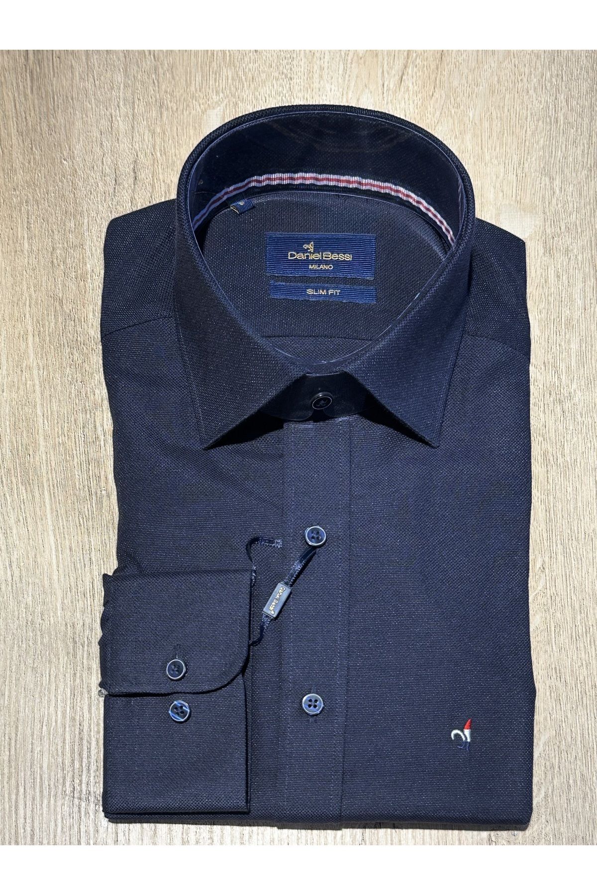 Daniel Bessi-Cămașă pentru bărbați din bumbac albastru bleumarin cu mânecă lungă, slim fit, cu guler 1