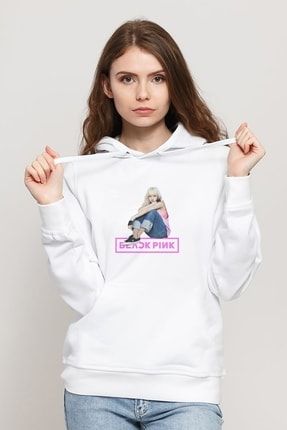 Lisa Blackpınk Yg Entertainment K Pop Baskılı Beyaz Kadın Örme Kapşonlu Sweatshirt Uzun Kol BGA1286-KDNKP