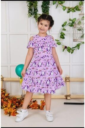 Kız Çocuk Mor Pamuklu Baskılı Omuz Detaylı Yazlık Elbise PONYMOR001