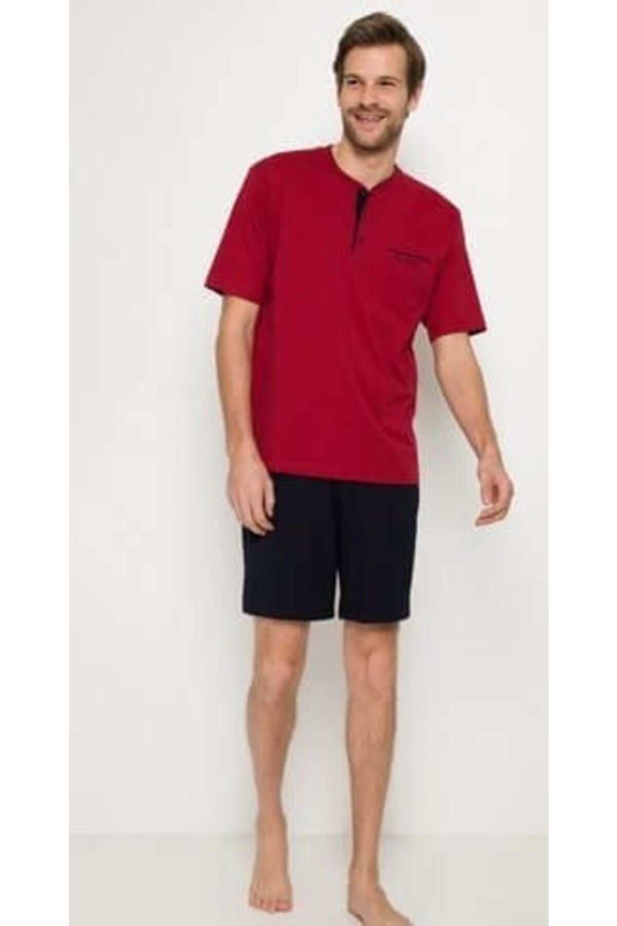 ست پیژامه قرمز مردانه لباس خواب Claret Red 3 تیکه + بوکسور ورزشکار سفید 5370 150 Pierre Cardin