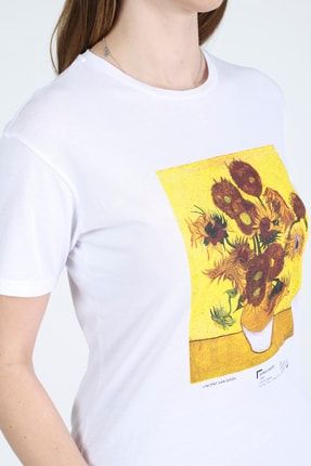 Kadın Beyaz Van Gogh Sunflowers Tişört tşt002