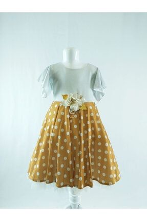Kız Çocuk Sarı Simli Puantiyeli Kısa Kollu Elbise OFI6002