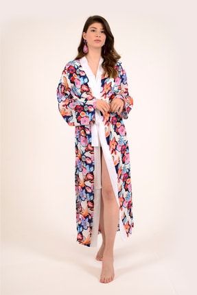 Kadın Pembe Çiçek Desenli Renkli Viskon Kimono CDRVK01