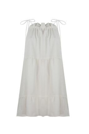 Kadın Beyaz Azha Boyundan Bağlı Mini Elbise 017