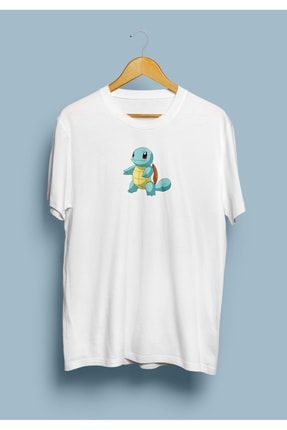Unisex Beyaz Skrtel Pokemon Tasarım Baskılı T-Shirt KRG0729