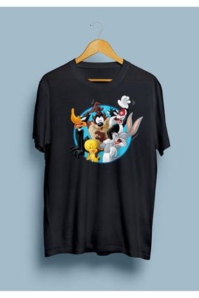Unisex Siyah Looney Tunes Karakterler Tasarım Baskılı Tişört KRG0710