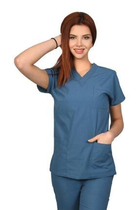 Kadın Doktor Hemşire Forması Scrubs Likralı Esnek Kumaş Hastane Nöbet Tek Üst (v Yaka Dr Greys) 1117K