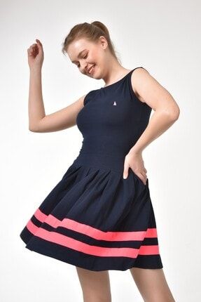 Kadın Lacivert Renk Pileli, Eteği Şeritli Marin Elbise 030