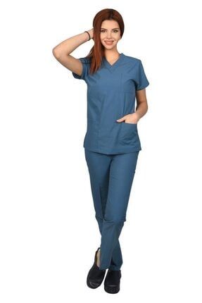 Kadın Doktor Hemşire Forması Scrubs Likralı Esnek Kumaş Hastane Nöbet Takımı (v Yaka Dr Greys) 1116K