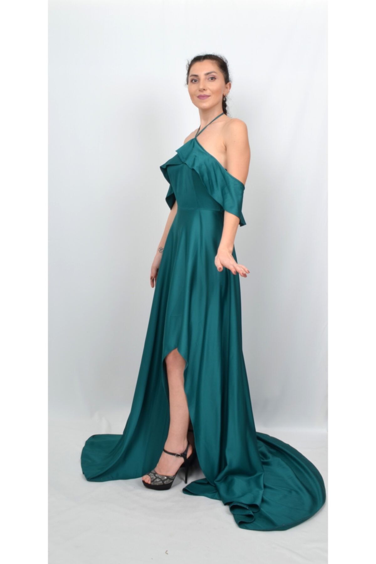 ALIS DRESS Женское изумрудное вечернее платье с глубоким вырезом на бретельках и бретельками AL-0477