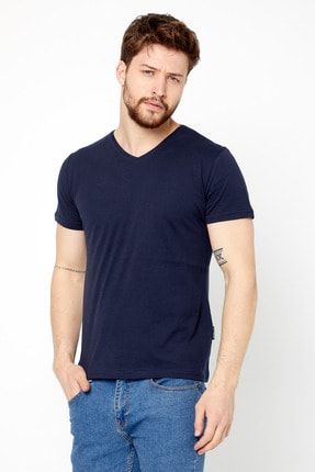 Erkek Lacivert Basıc Slim Fit Pamuklu Kısa Kollu V Yaka T-shirt MTLCO36