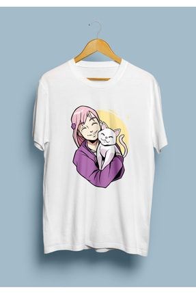 Kadın Beyaz Sevimli Anime Ve Kedi Tasarım Baskılı Tişört KRG0798