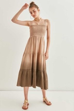 Kadın Kahverengi Askılı Gipeli Batik Elbise 21-4172
