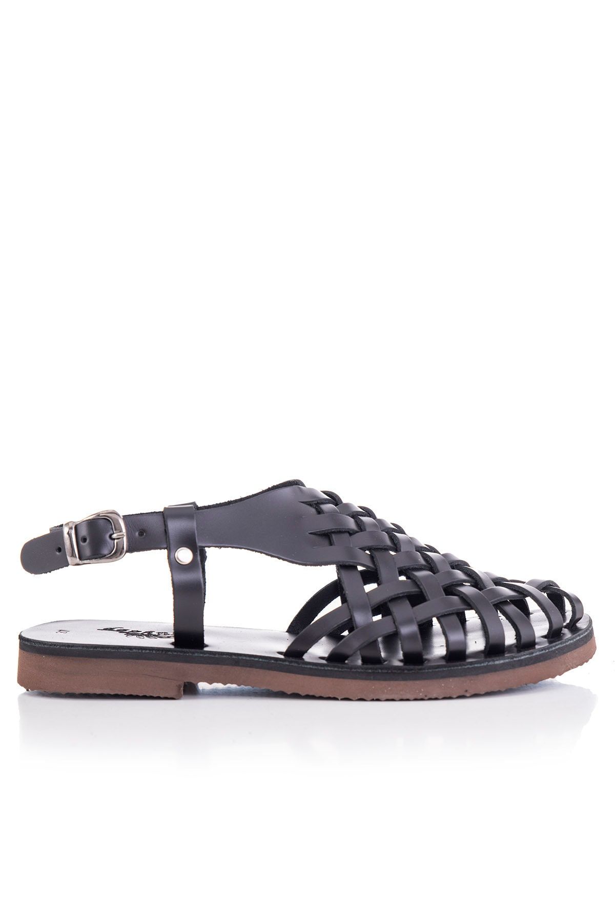 صندل سیاه زنانه بدنه چرمی دست ساز ساخته شده است 4013 DaphneSandals