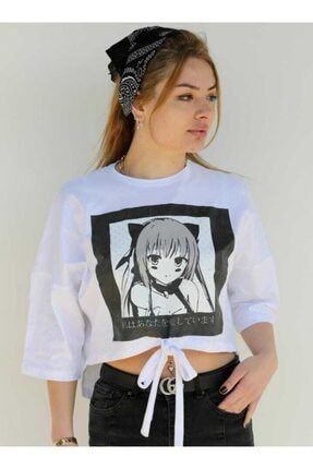 Kadın Beyaz Crop Anime T-Shirt TİŞÖRTE77458