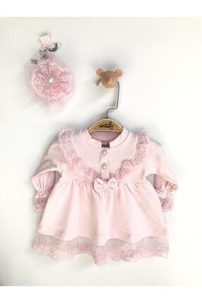Kız Bebek Pembe İncili Dantel Elbise Seti MML-2176-02-03