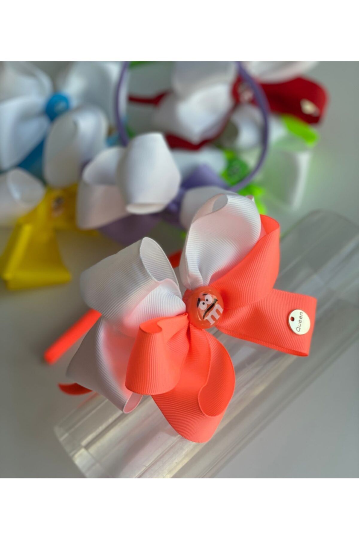 QUEEN AKSESUAR-Summer Candy Special Design M&m Dragee Children's Big Bow Satin Crown Neon Puppy Orange 2