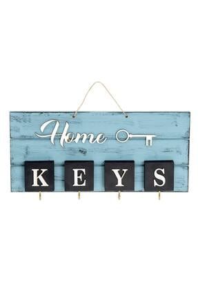 El Yapımı Home Yazılı Ahşap Mavi Anahtarlık KeysAnahtar1