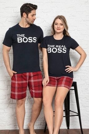 The Real Boss Baskılı Kısa Kollu Lacivert T-shirt Ve Ekose Şort Kadın Pijama Takım 6620-5 4S1B-PİJ-6620-Kadın-aü