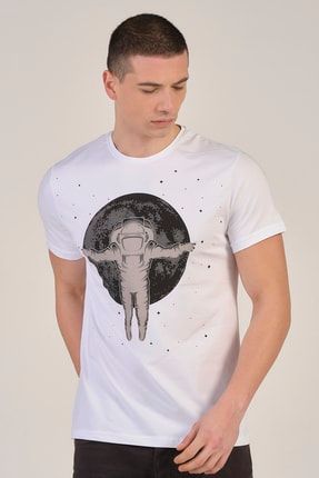 Erkek Beyaz Astronot Baskılı Bisiklet Yaka Pamuklu T-Shirt 21BT001