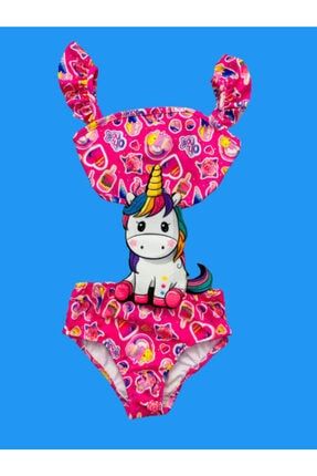 Kız Çocuk Mayokini Dondurma Unicorn Temalı Pembe Renk Kol Fırfırlı - Son Sezon Kostüm Mayo 2022 lolbeachwear