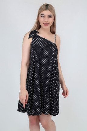 Kadın Siyah Ayarlanabilir Askılı Puantiye Elbise 21LB9218