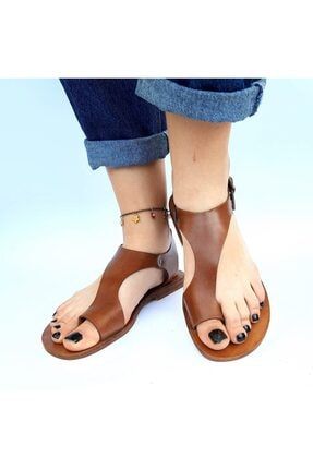 El Yapımı Hakiki Deri Kahverengi Bodrum Kadın Sandalet Gerçek Deri Terlik US-1020-T