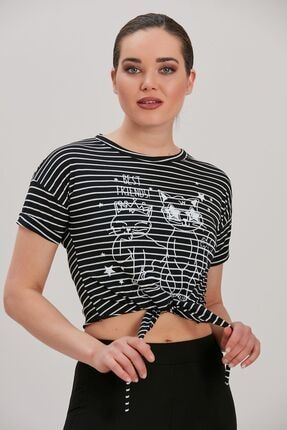 Kadın Siyah Çizgili Kedi Desenli T-Shirt YL-TS99861