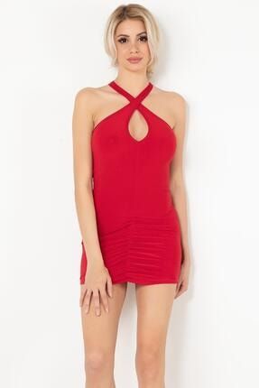 Kadın Kırmızı Çapraz Sırt Detaylı Mini Elbise EC012-000088