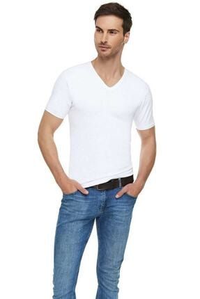 Erkek Beyaz Elastan Likralı V Yaka Kısa Kol Pamuklu T-shirt 4'lü İNC4LÜ-ELT1303