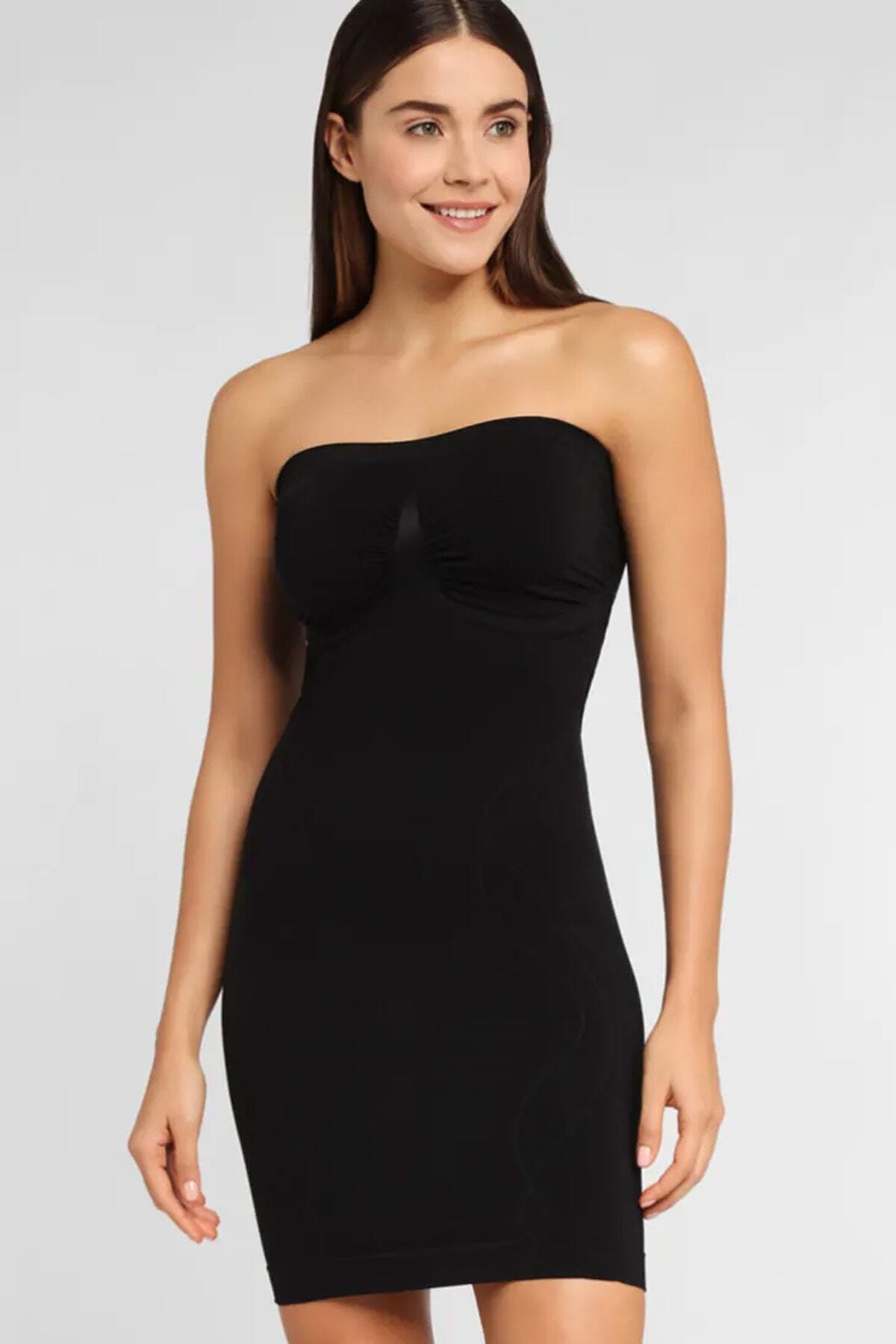 Genel Markalar Kadın Siyah Toparlayıcı Straplez Korse Elbise Kombinezon