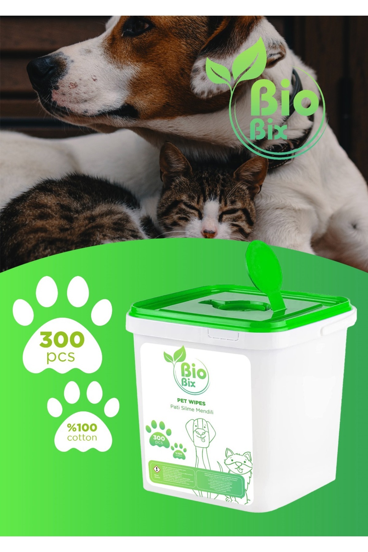 Bio Bix Evcil Hayvan ve Pati Silme Mendili - Pati Mendili 300 Adet Büyük Boy Kova Islak Pati Mendili