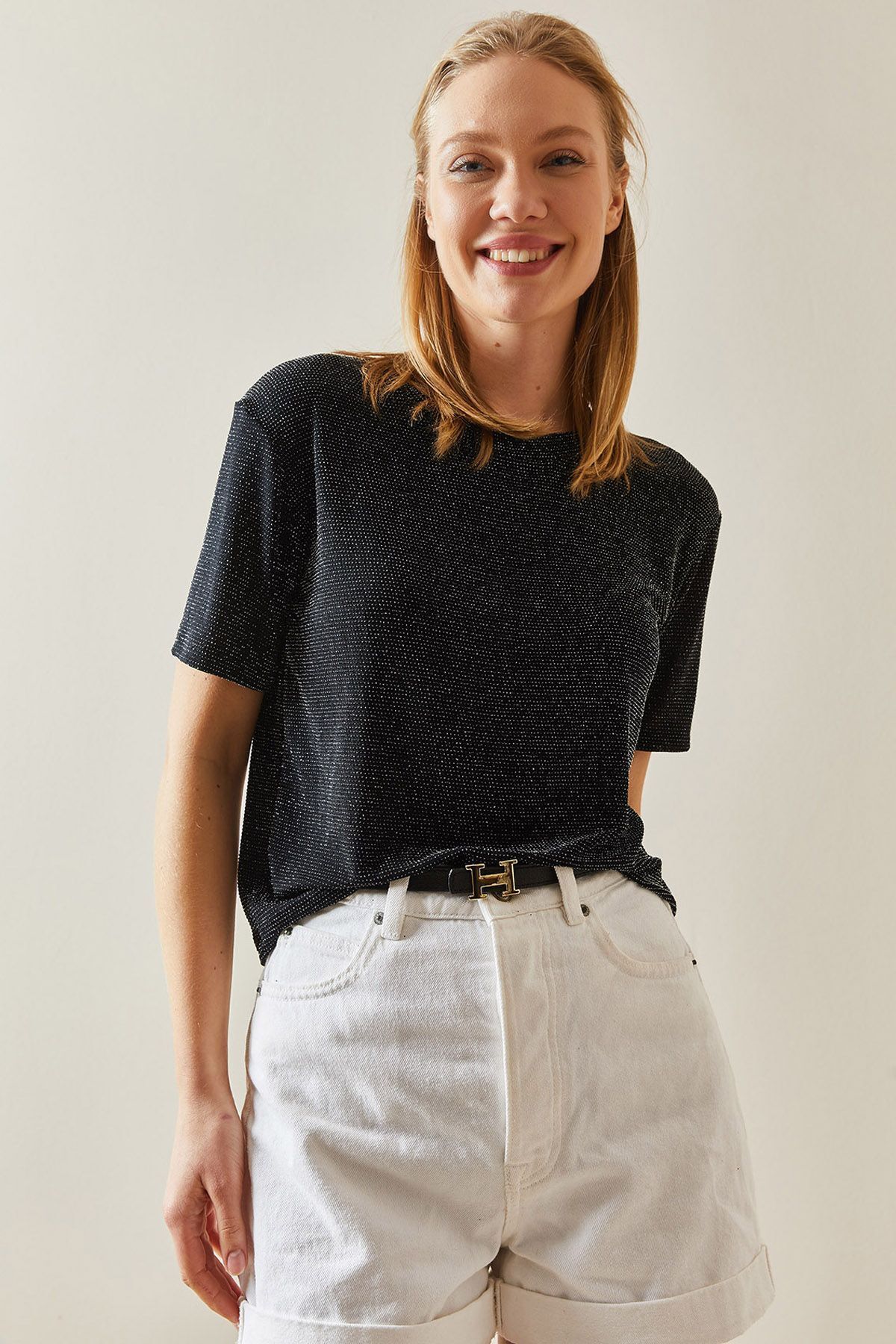 XHAN-Black Crew Neck Glitter T-Shirt 4KXK1-47901-02 3