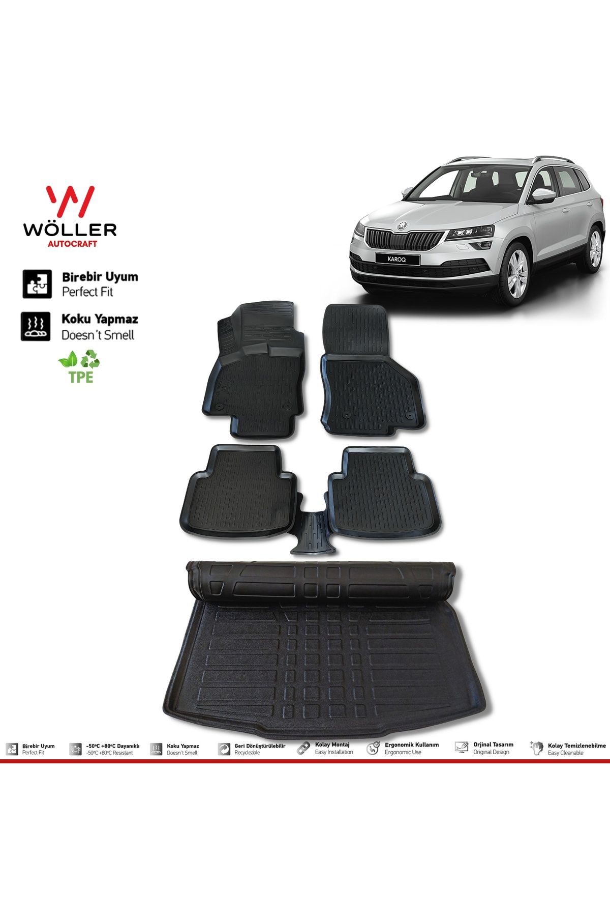 Комплект ковриков для багажного бассейна Wöller Skoda Karoq после 2018 года 3d Ultraflex Set wöllersetultra125