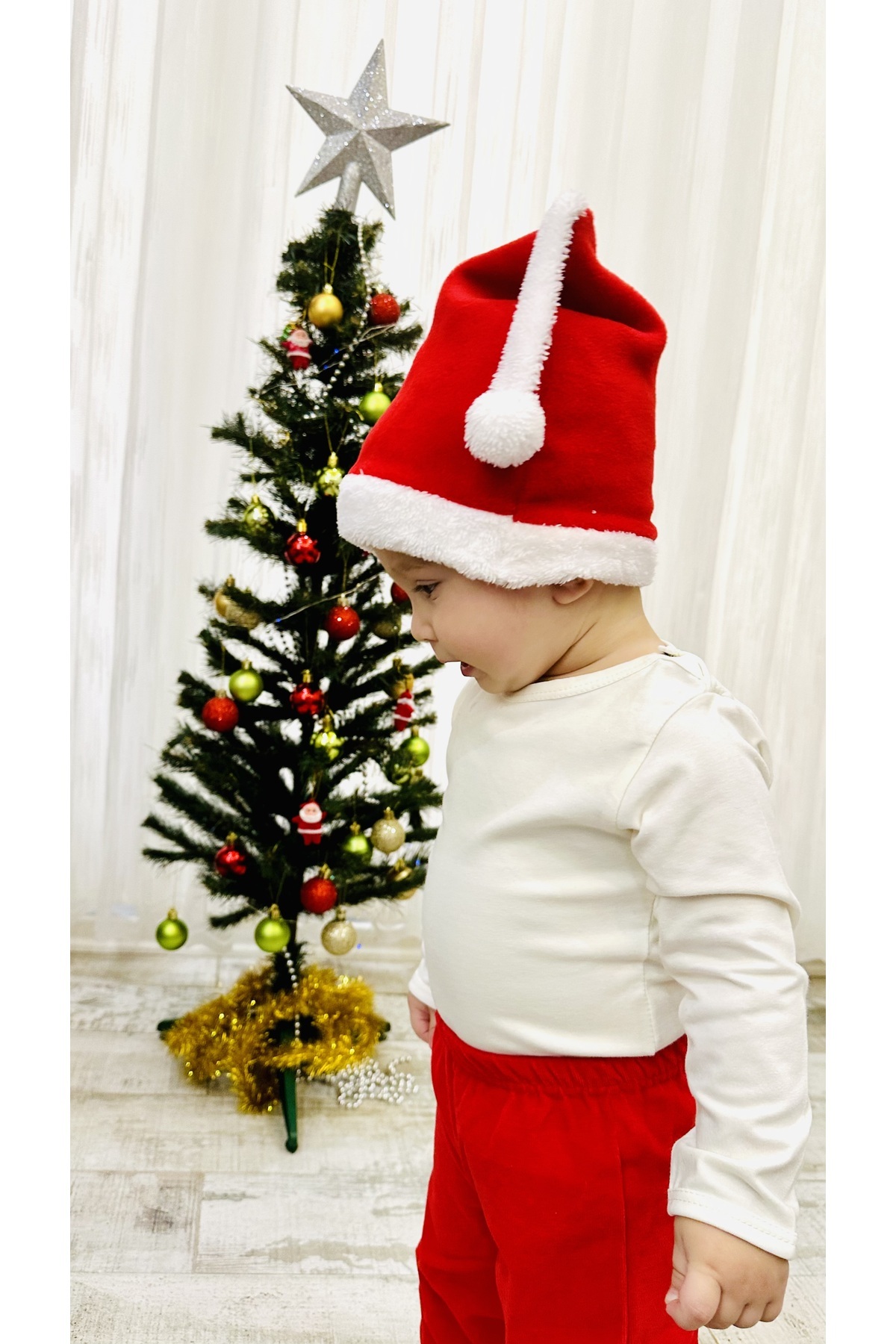 TD Collection Bebek Noel Şapkası - Yılbaşı Şapkası - Polar Yıl Başı Şapkası - Noel Baba Şapkası Bebek Ebat fotoğrafı 3 (önizleme)