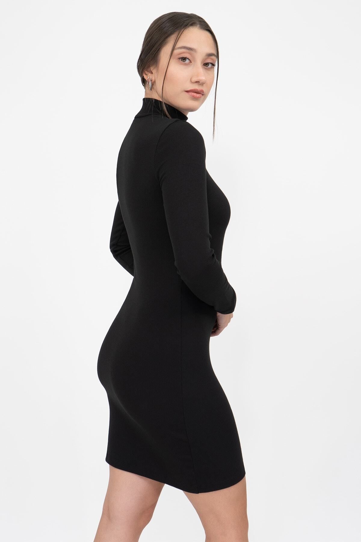 Soyo-Women's Black Half-Neck Corded Knitted Mini Dress 5