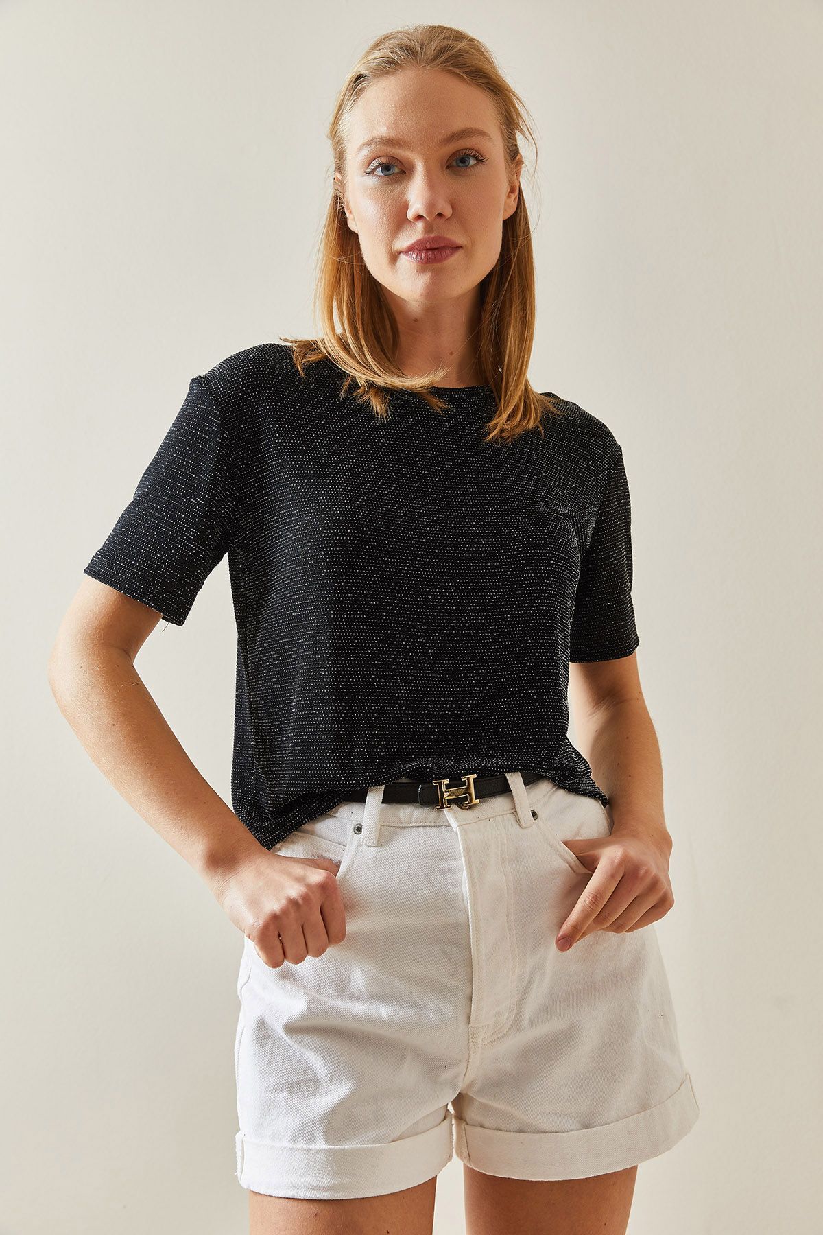 XHAN-Black Crew Neck Glitter T-Shirt 4KXK1-47901-02 4
