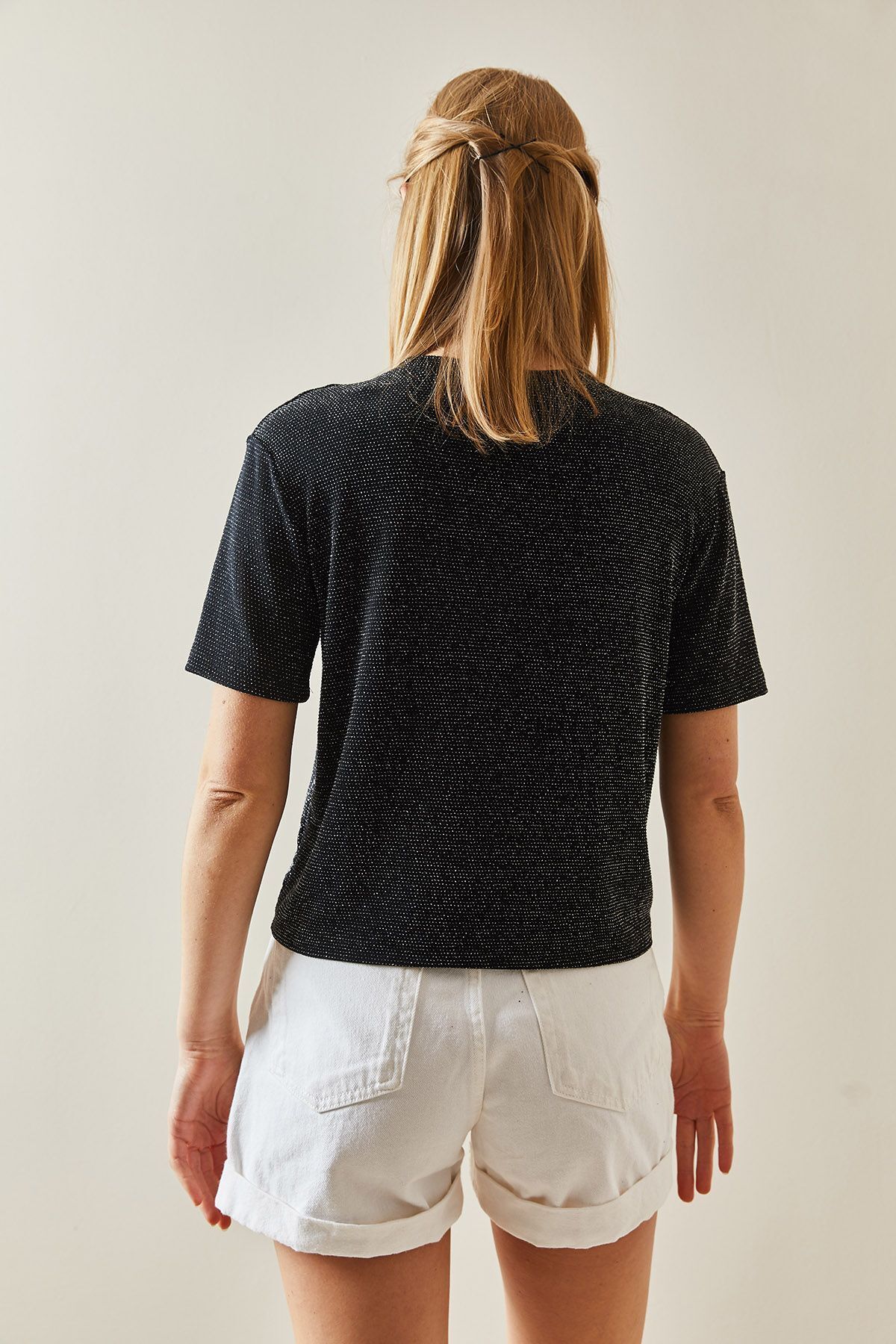 XHAN-Black Crew Neck Glitter T-Shirt 4KXK1-47901-02 6
