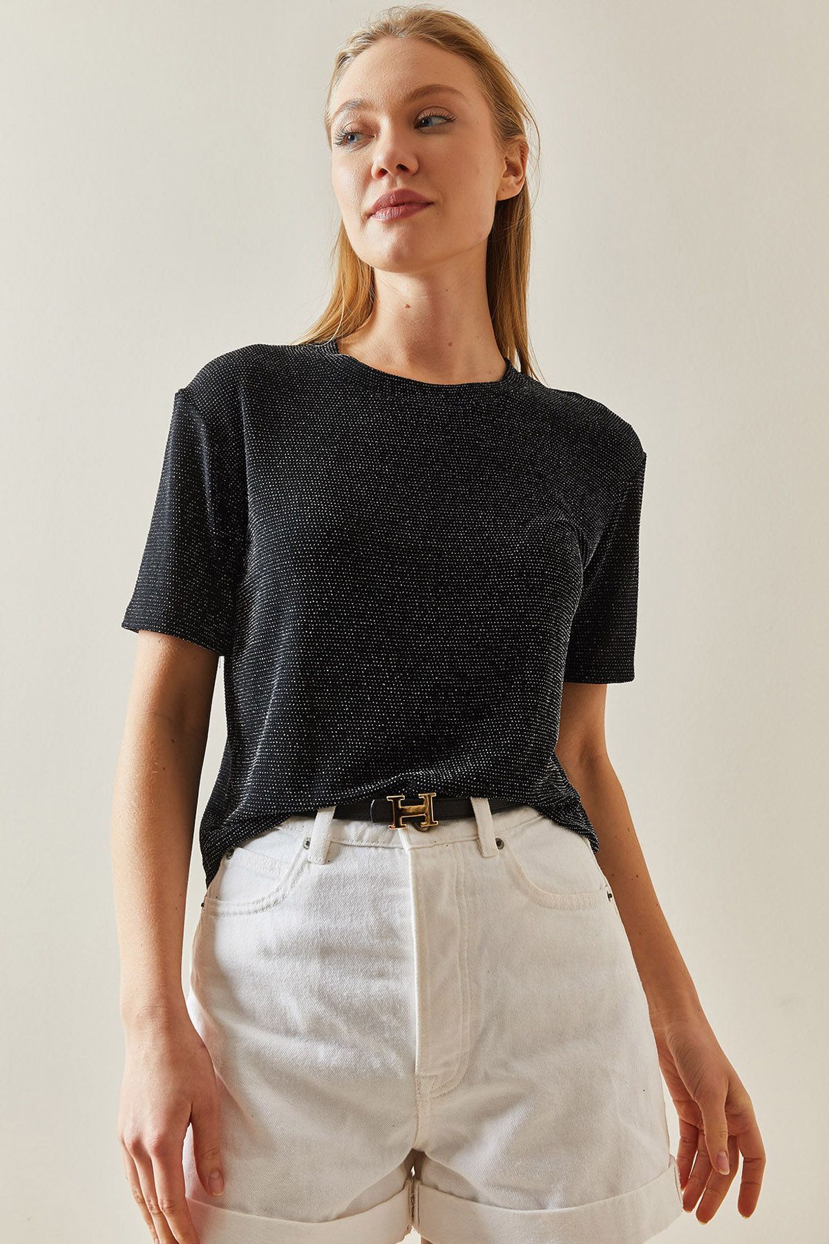 XHAN-Black Crew Neck Glitter T-Shirt 4KXK1-47901-02 2